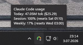 Tray icon tooltip showing today's usage and session/weekly percentages