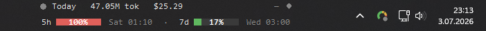 The Claudebar floating widget tucked next to the Windows taskbar tray, showing today's tokens/cost and 5h/7d rate-limit bars